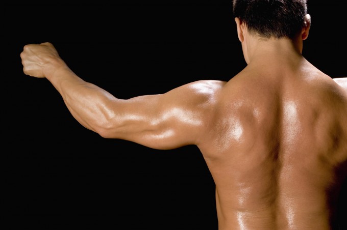 Back shot of a male bodybuilder holding up his arm, rear view, black background