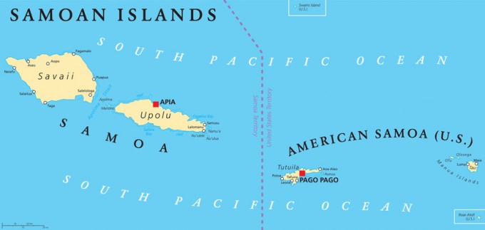 Samoan Islands political map with Samoa, formerly known as Western Samoa and American Samoa and their capitals Apia and Pago Pago. English labeling and scaling. Illustration.